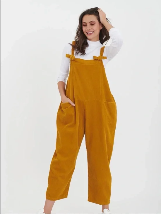 Mustard Yellow Wide-Leg Tie Overall Jumpsuit- O/S