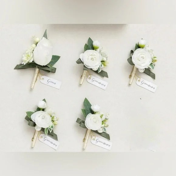 Elegant White Faux Floral Boutonniere Set of 5 (4 groomsmen and one groom)