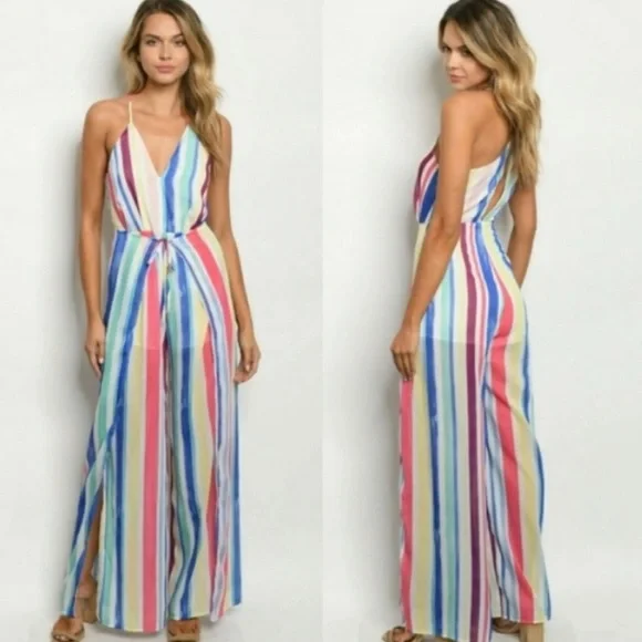 L'ATISTE Multicolor Striped Split Leg Jumpsuit With Built In Shorts