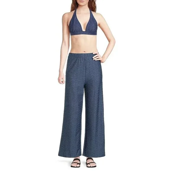 Milly Cabana Chevron Shimmer Pull On Pants Navy Silver Size L Beach Pool Resort