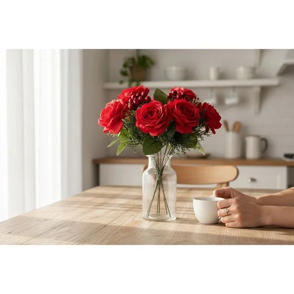 Artificial Rose Bouquet Home Decor OS Red Good Holiday Floral Berries