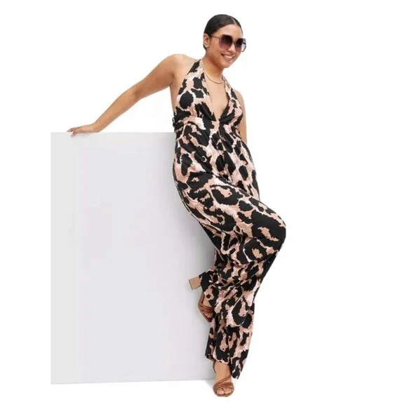 DVF Diane Von Furstenberg Target Halter Leopard Neutral Jumpsuit Sz XXS