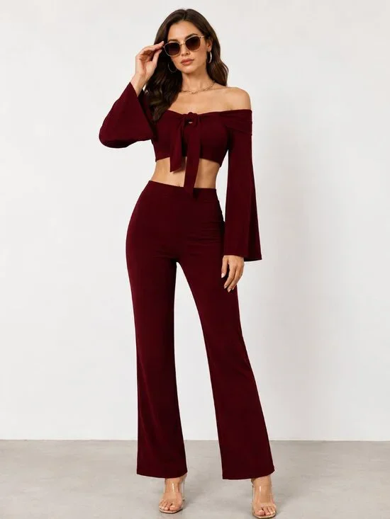 Burgundy Off Shoulder Bell Sleeve Crop Top Medium NWT