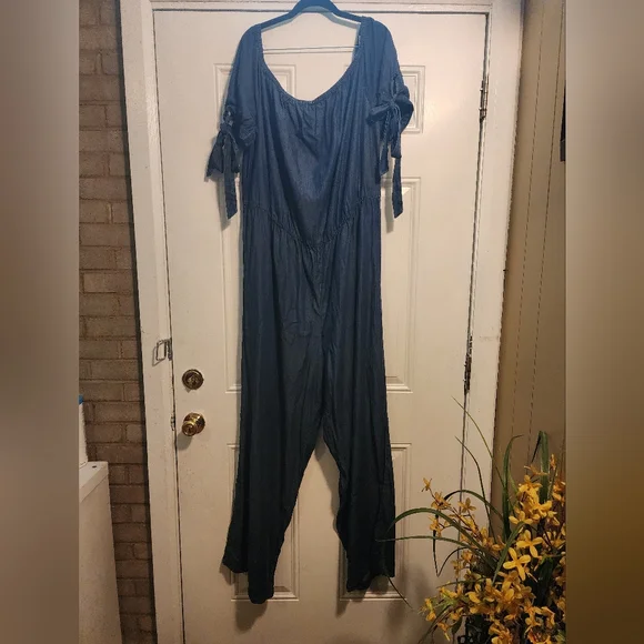 Truth Blue Denim Cold-Shoulder Jumpsuit with Tie Accents