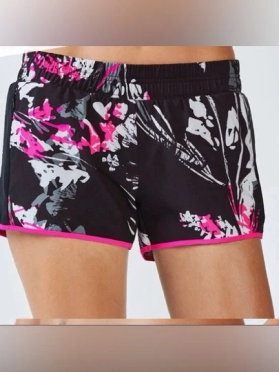 Fabletics Black Floral Print Athletic Shorts with Pink Trim small NWT