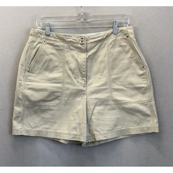 Ralph Lauren Women's Sz 12 Khaki Beige Flat‎ Front W/Metal Buckle Clasp Shorts