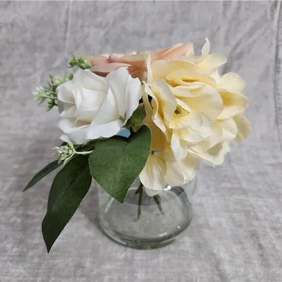 New Silk Rose Hydrangea Peony Artificial Flowers in Clear Glass Vase