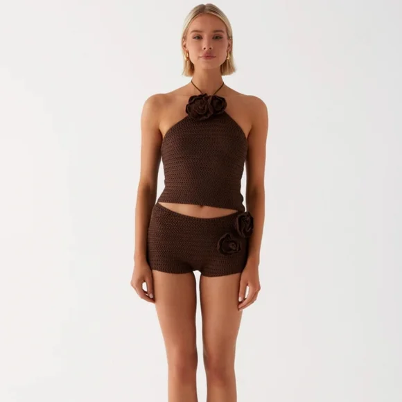 Peppermayo Maia Rose Crochet Mini Shorts In Chocolate Size L/XL