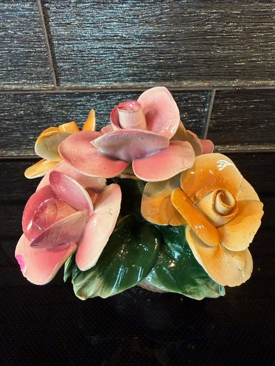 Vintage Capodimonte Italy Porcelain Pink Yellow Rose Flower Basket Centerpiece