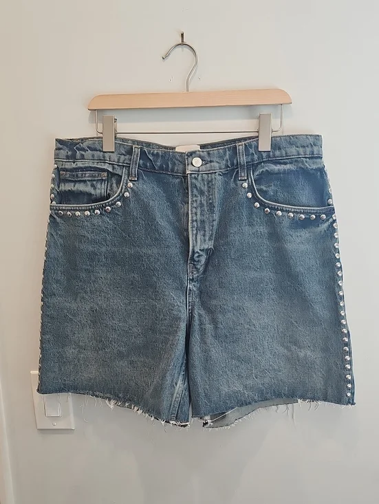 Reformation Blue Denim Shorts with Silver Stud Detailing