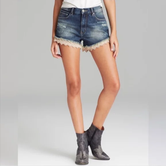 Free People Lacey Lace High Rise Denim Distressed Shorts 27