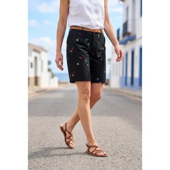 Raw Yarn Industries Black Cocktail Martini Embroidered Stretch Twill Shorts 32