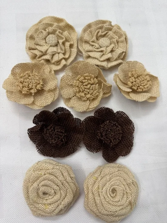 Burlap Flower Accent Set of 9 in Beige and Brown - Rustic Home Accents
