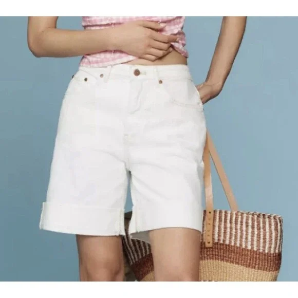 Anthropologie‎ Pilcro The Austyn High Rise Cuffed Jean Shorts Ivory Size 28 NWT