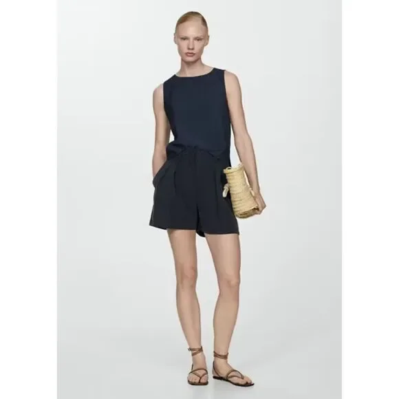 MNG Mango Pleated Mid Rise Shorts Dark Navy Size XL