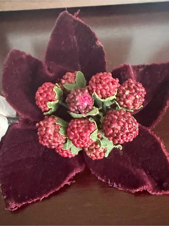 CHANEL Velvet Burgundy Floral Accent with Red Berry Cluster brooch/pin-RARE