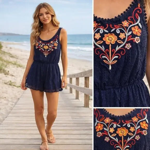 Boho Embroidered Lace Romper Navy Floral Festival Summer Xhilaration Size Medium