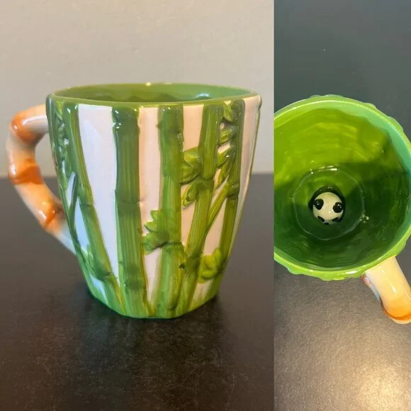 PIER 1 IMPORTS Bamboo Surprise Panda 3-D Ceramic Mug Cup ~ Hand Painted
