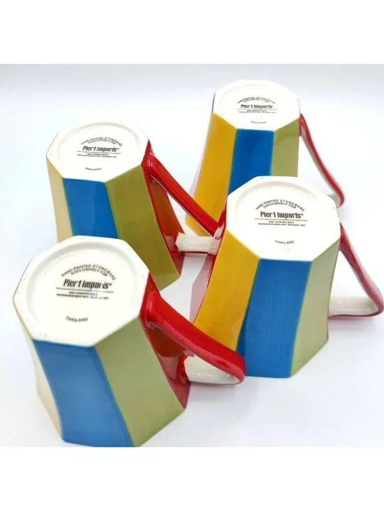 Pier 1 Imports Coffee Mugs Set of 4 Multicolor Striped Rainbow Boho Cups