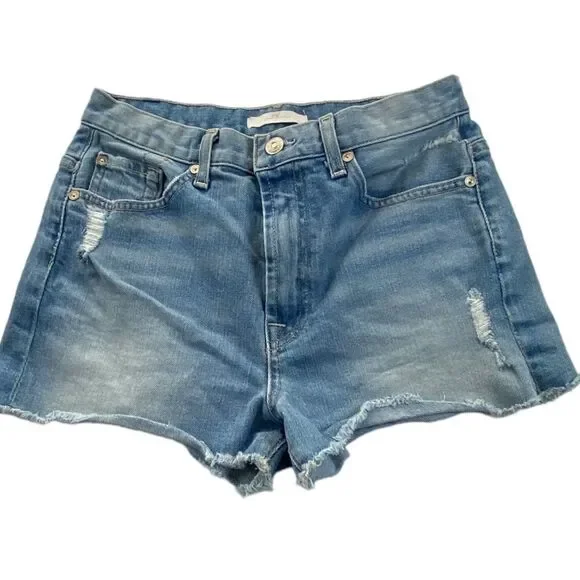 7 For All Mankind Wm’s Sz 27 Medium Blue Wash Distressed Raw Hem Denim Shorts