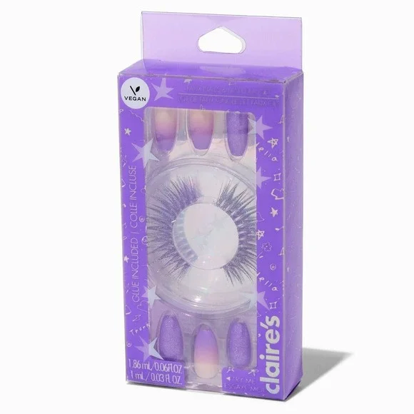 False Lashes & Purple Ombré Stiletto Vegan Faux Nail Gift Set - 24 Pack‎