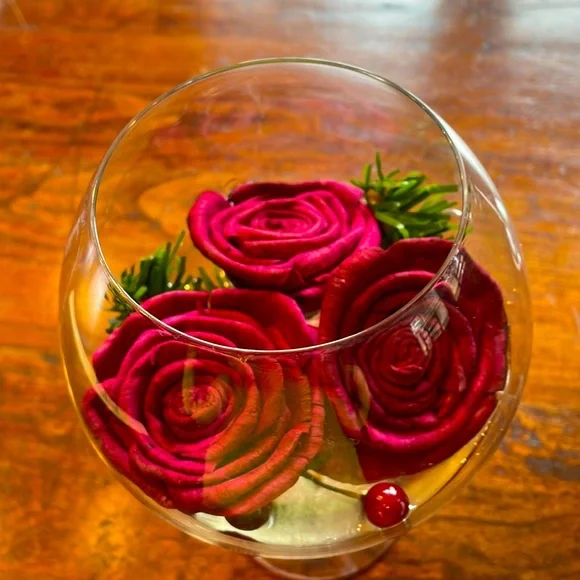 Handcrafted paper roses imbedded in resin in a glass goblet 🌹