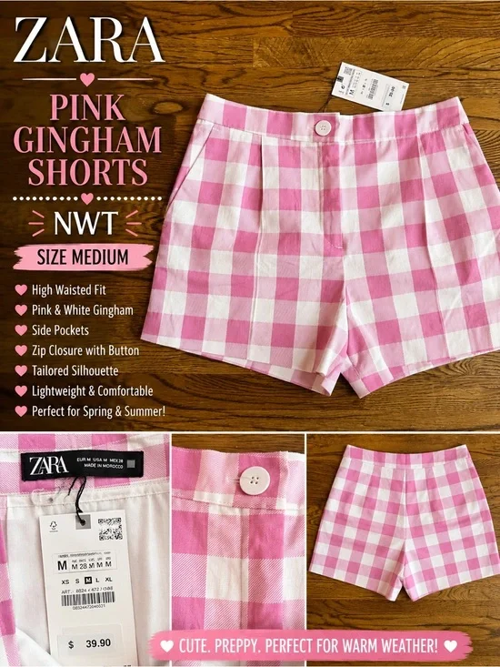 Zara Pink White Gingham High Waist Shorts NWT Size Medium