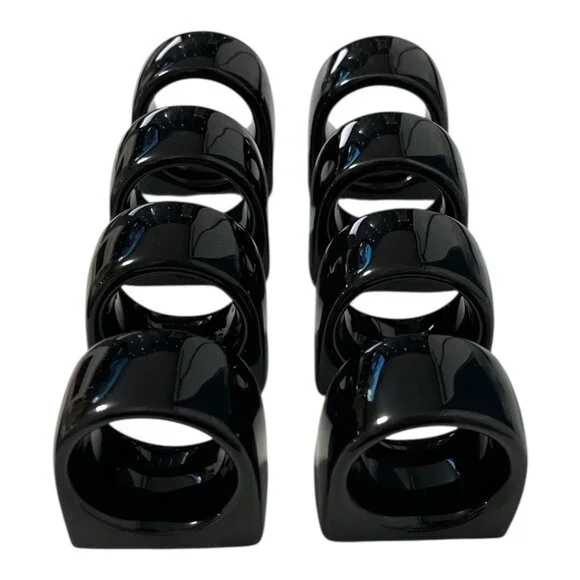 Vintage Pier 1 Black Ceramic Napkin Rings Set of 8 Japan Glossy