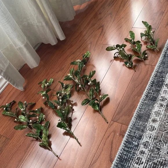 Set of 6 Floral Stems with Artificial Faux Pearls & Gold Glitter Accent Leaves