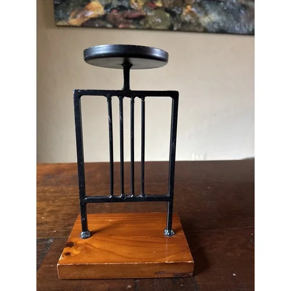 Pier 1 Pillar Candle Holder Stand Iron‎ & Wood Arts & Crafts Style 9