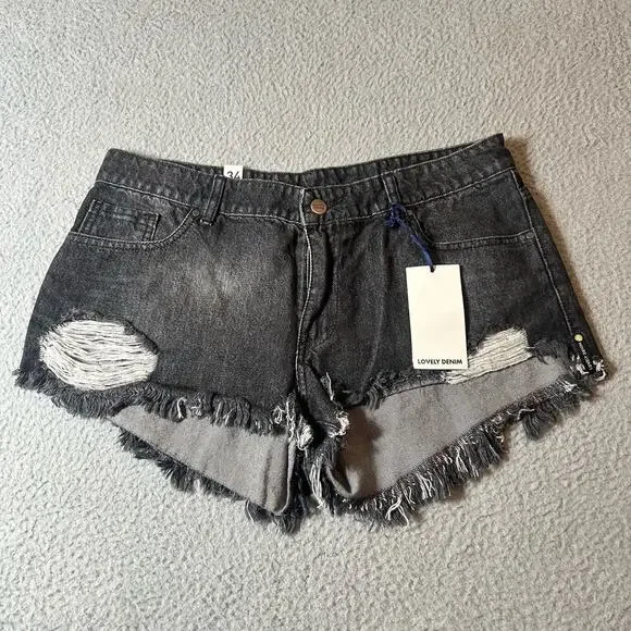 Lovely Denim Shorts Womens 34 Black‎ Jose Denim Cut Off Distressed Short NEW