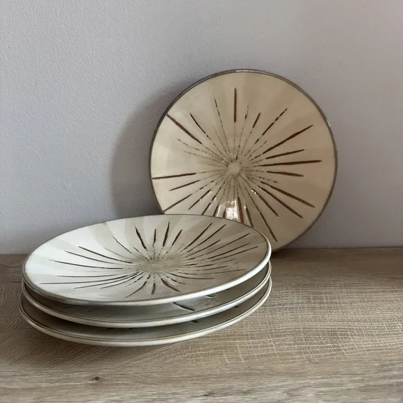 Pier 1 Plates Sanctuary Stoneware Beige Brown Starburst Salad Dessert‎ Lot Of 4