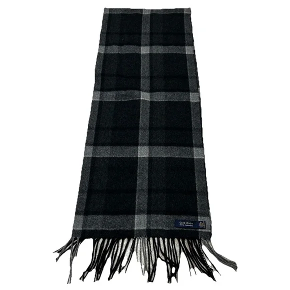 Club Room 100% Cashmere Wool Scarf Fringe Black Grey Plaid NWT‎ Retail $95
