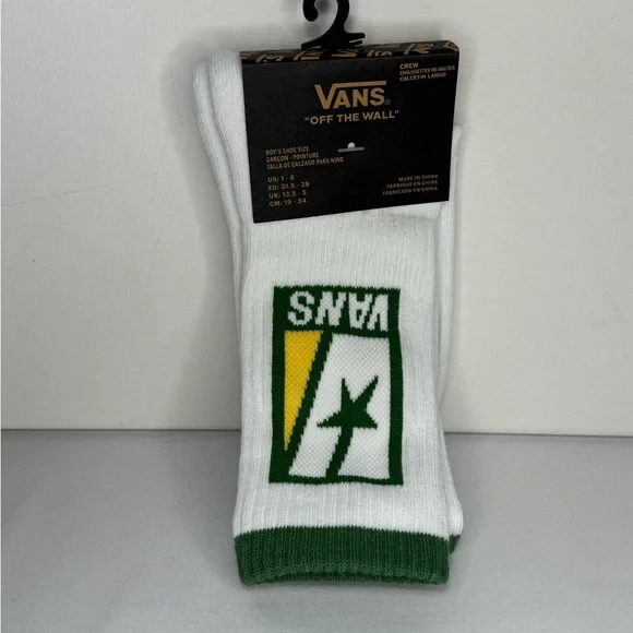 Vans Boy’s White and Green Crew Socks shoe size 1-6