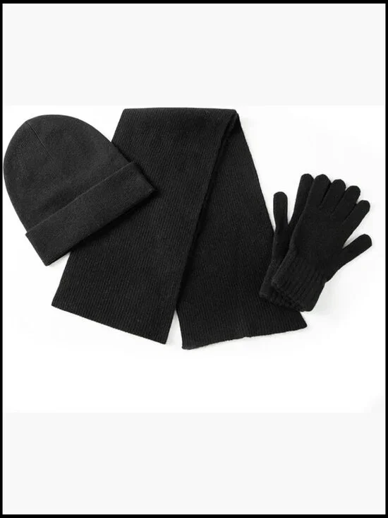 Cashmere Wool Scarf Hat Gloves Set, Ribbed Cuffed Beanie, Glove Scarves Set