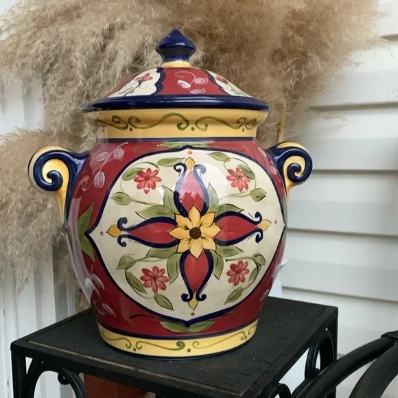 Pier 1 Vallarta Large Cookie Jar Canister With Handles Hand Painted Floral vase‎