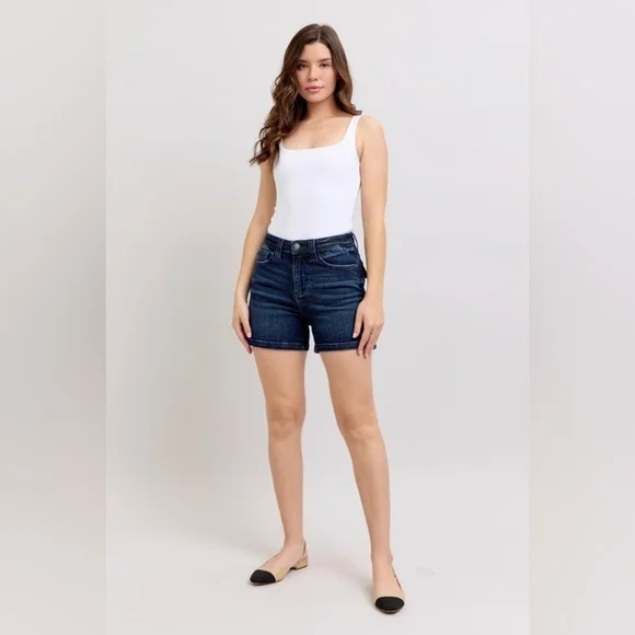 Judy Blue High Rise Dark Wash Classic Denim Shorts Flap Back Pockets S-3XL NEW
