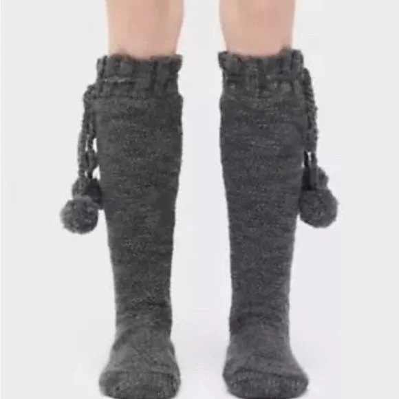 UGG Girls Gray CableKnit PomPom Knee-High Socks