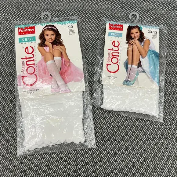 CONTE Kesi & Fiori Solid White Fancy Dress Socks With Design Girls 6-7Y/O 2 Pair