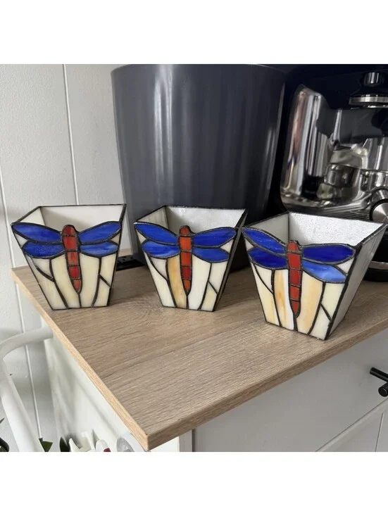 Pier 1 Imports Tiffany Style Dragonfly Stained Glass Candle Holder Set of 3