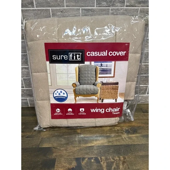 SureFit Casual Cover Wing Chair Slipcover Taupe Waterproof Quilted Soft Suede