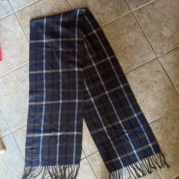Pierre Cardin VTG Fine Muffler (Cashmillion) brown/blue/cream plaid scarf, 72x12