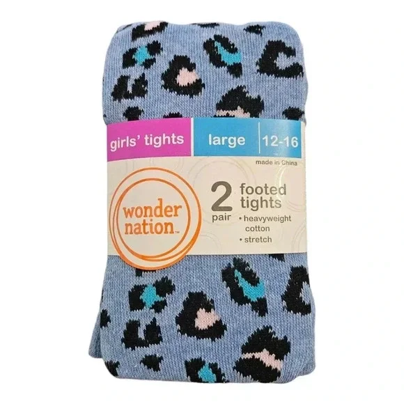 Girls Large 12-16 Blue Leopard Print and 80s Purple Tights Set of 2