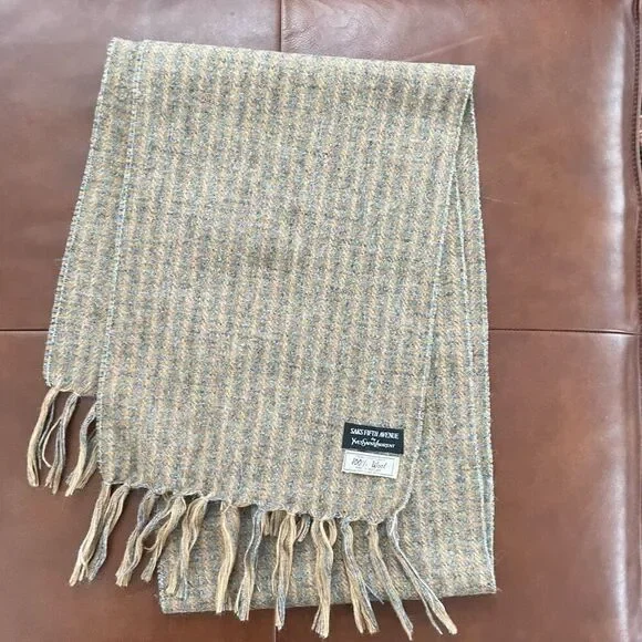 Yves Saint Laurent Saks Fifth Avenue Camel Tan Grey Neutral Plaid Scarf Shetland