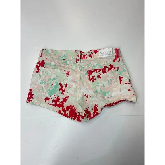 Levis Womens Paint Splatter Camo Denim Shorts Red Green Tan Low Rise Size 28