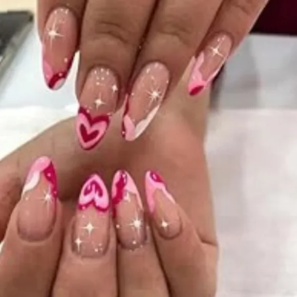 NWT 24pc Pink Heart Press-On Nails Almond Coquette Y2K Sparkle Manicure
