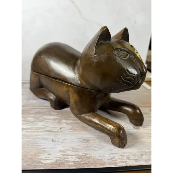 Pier 1 Wooden Cat‎ Hidden Storage Trinket Box Folk Art Wooden Eclectic MCM Art