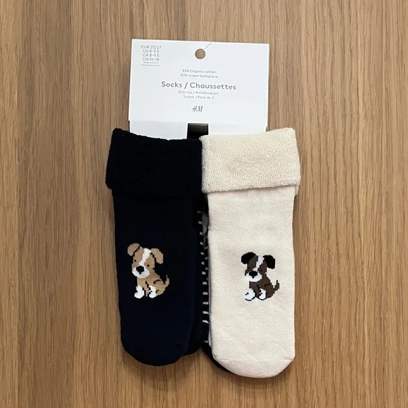 H&M, kid’s 3-pack terry socks, dogs and stripes, size 8-9.5