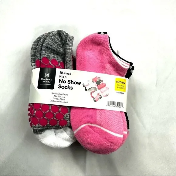 New Member's Mark 10 Pack Kid's No Show Socks Girls Medium Sizes 10-3