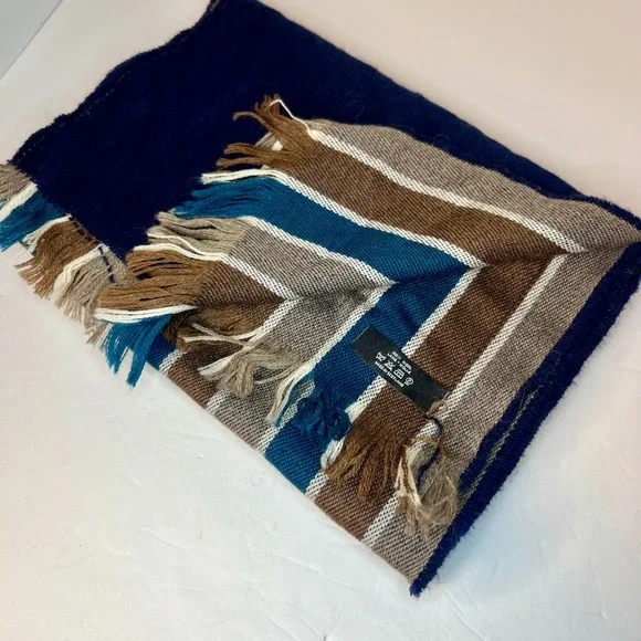 Striped Multicolor Wool‎ Scarf Made in Scotland Striped Brown Blue Cream